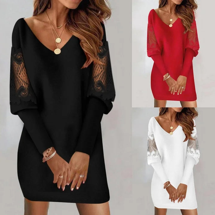 Fenne - Long Sleeves and a V-Neck Patchwork dress